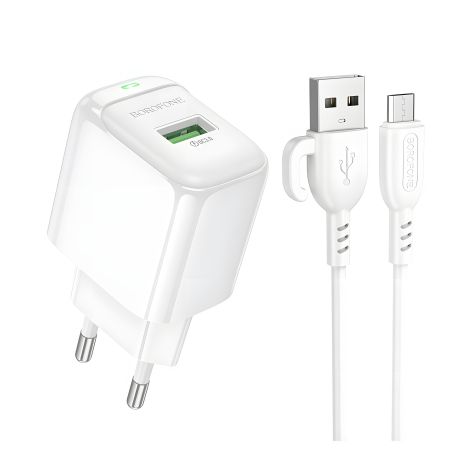 Білий зарядний пристрій Borofone BAS42A 1USB QC3.0 18W + USB to Micro
