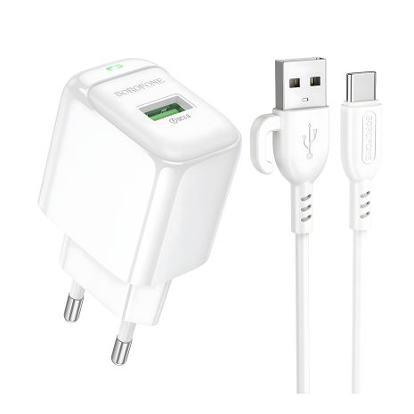 Білий зарядний пристрій Borofone BAS42A 1USB QC3.0 18W + USB to Type-C