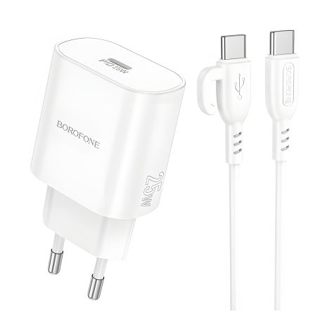 Білий зарядний пристрій Borofone BA82A 1USB-C PD/QC 25W + Type-C to Type-C