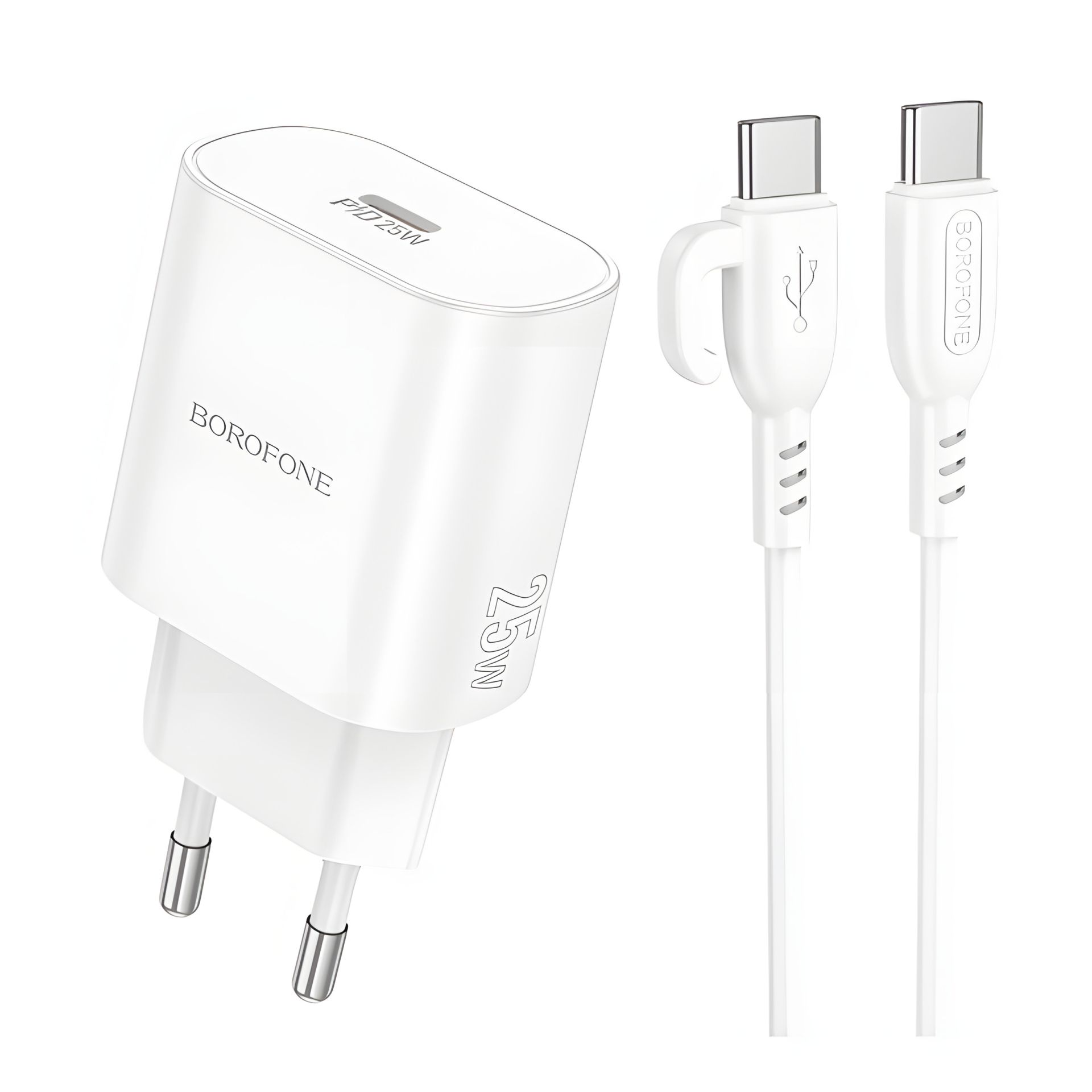 Мережевий зарядний пристрій Borofone BA82A 1USB-C PD/QC 25W+Type-C to Type-C білого кольору Мережевий зарядний пристрій Borofone BA82A 1USB-C PD/QC 25W+Type-C to Type-C білого кольору