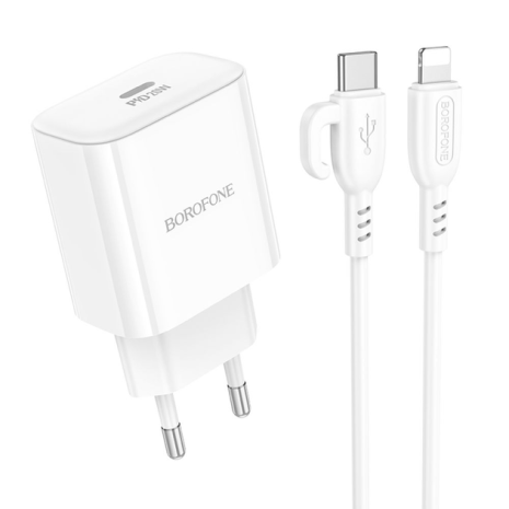 Сетевое Зарядное Устройство Borofone BA81A 1USB-C PD/QC 20W+Type-C to Lightning Белый