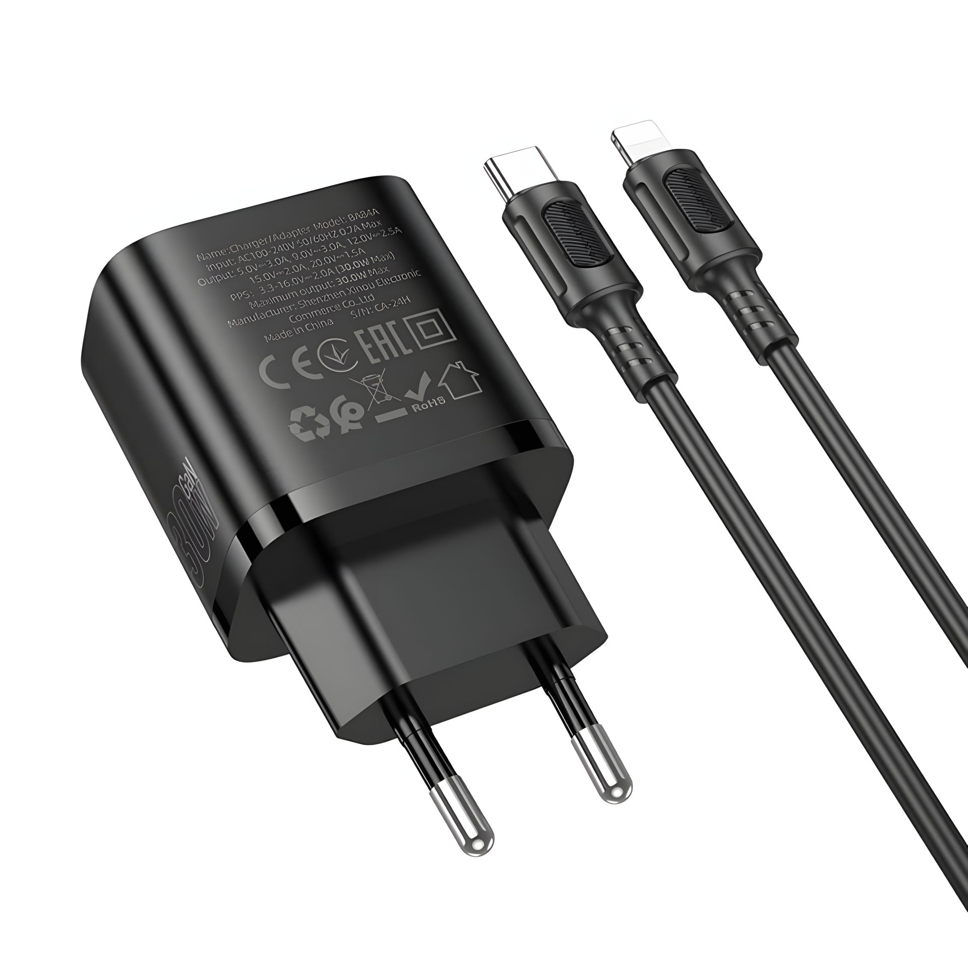 Мережевий зарядний пристрій Borofone BA84A 1USB-C PD/QC 30W+Type-C to Lightning Чорний Мережевий зарядний пристрій Borofone BA84A 1USB-C PD/QC 30W+Type-C to Lightning Чорний