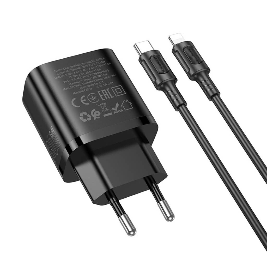 Сетевое Зарядное Устройство Borofone BA84A 1USB-C PD/QC 30W+Type-C to Lightning Черный Сетевое Зарядное Устройство Borofone BA84A 1USB-C PD/QC 30W+Type-C to Lightning Черный