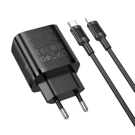 Чорний зарядний пристрій Borofone BA84A 1USB-C PD/QC 30W + Type-C to Lightning Чорний зарядний пристрій Borofone BA84A 1USB-C PD/QC 30W + Type-C to Lightning