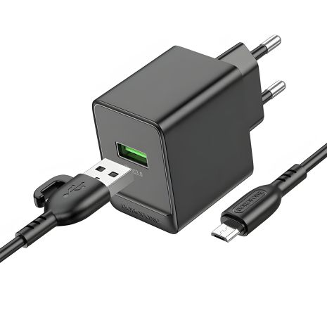 Чорний зарядний пристрій Borofone BAS12A 1USB QC3.0 18W + USB to Micro