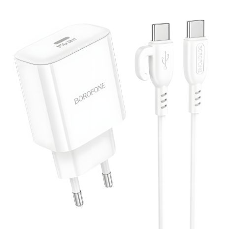 Зарядник Borofone BA81A 1USB-C PD/QC 20W+Type-C to Type-C Білий