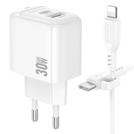 Сетевое Зарядное Устройство Borofone BAS45A 1USB-C/1USB PD/QC 30W+Type-C to Lightning Белый