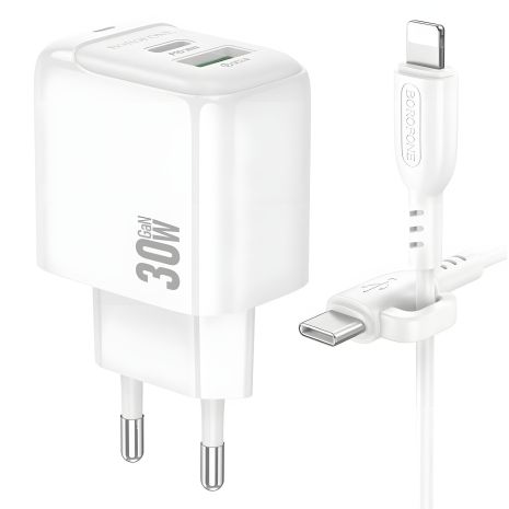 Білий зарядний пристрій Borofone BAS45A 1USB-C/1USB PD/QC 30W+Type-C to Lightning
