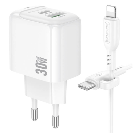 Сетевое Зарядное Устройство Borofone BAS45A 1USB-C/1USB PD/QC 30W+Type-C to Lightning Белый