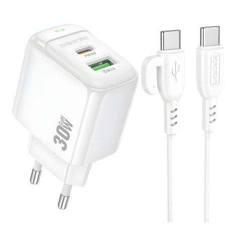 Мережевий зарядний пристрій Borofone BAS45A 1USB-C/1USB PD/QC 30W+Type-C to Type-C Білий Мережевий зарядний пристрій Borofone BAS45A 1USB-C/1USB PD/QC 30W+Type-C to Type-C Білий