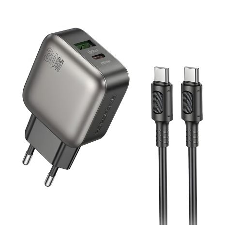 Мережевий зарядний пристрій Borofone BAS55A GAN 1USB-C/1USB PD/QC 30W+Type-C to Type-C Чорний
