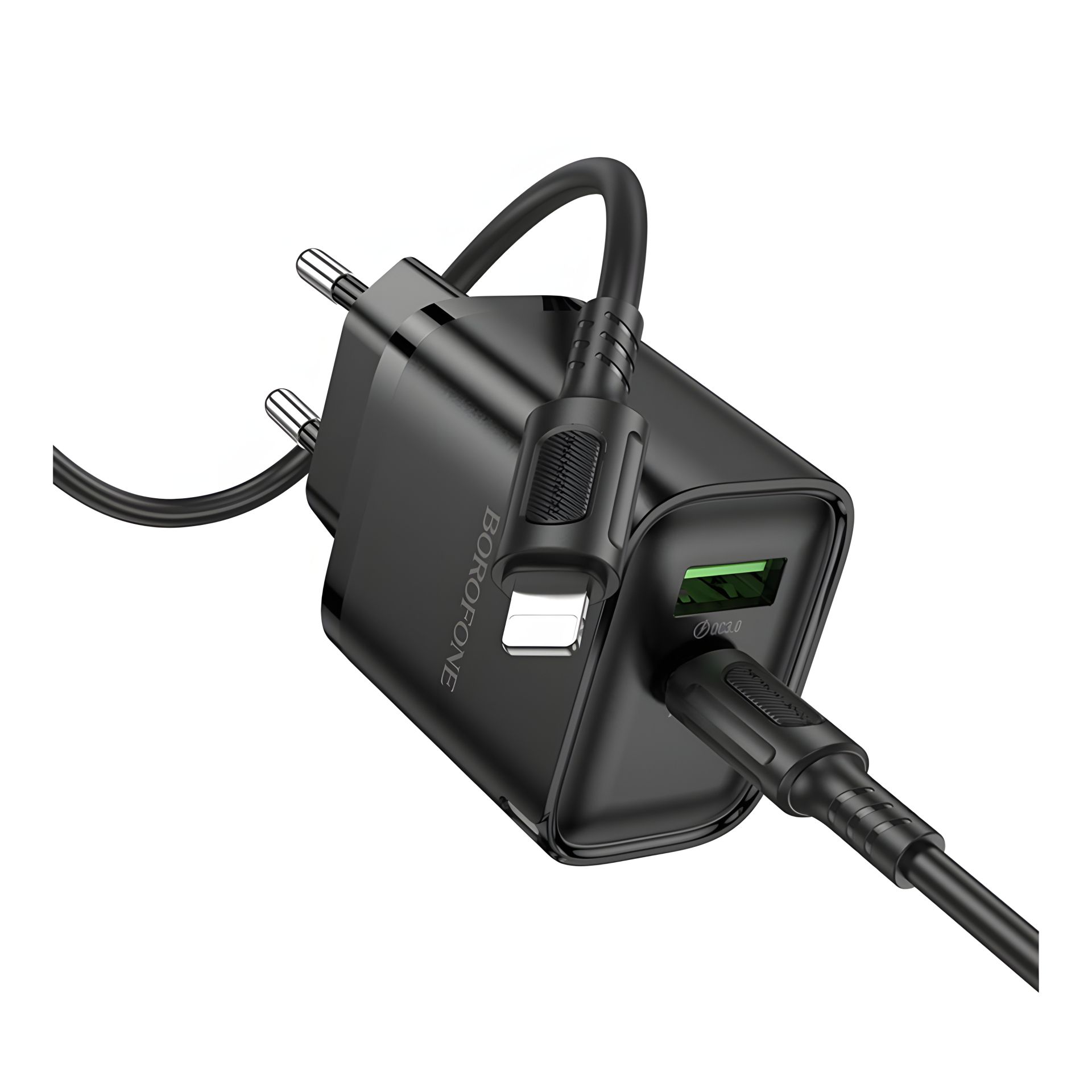 Мережевий зарядний пристрій Borofone BA83A 1USB-C/1USB PD/QC 20W + Type-C to Lightning Чорний Мережевий зарядний пристрій Borofone BA83A 1USB-C/1USB PD/QC 20W + Type-C to Lightning Чорний