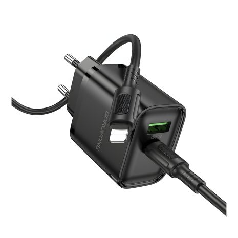 Зарядний адаптер Borofone BA83A 1USB-C/1USB PD/QC 20W+Type-C to Lightning Чорний Зарядний адаптер Borofone BA83A 1USB-C/1USB PD/QC 20W+Type-C to Lightning Чорний