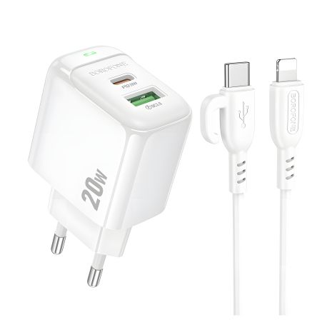 Мережевий зарядний пристрій Borofone BAS44A 1USB-C/1USB PD/QC 20W+Type-C to Type-C Білий