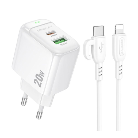 Сетевое Зарядное Устройство Borofone BAS44A 1USB-C/1USB PD/QC 20W+Type-C to Lightning Белый
