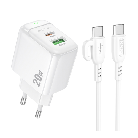 Мережевий зарядний пристрій Borofone BAS44A 1USB-C/1USB PD/QC 20W+Type-C to Type-C Білий Мережевий зарядний пристрій Borofone BAS44A 1USB-C/1USB PD/QC 20W+Type-C to Type-C Білий