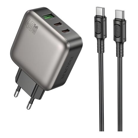 Borofone BAS56A Сетевое зарядное устройство 2USB-C/1USB QC/PD 45W GAN+Type-C на Type-C Черное