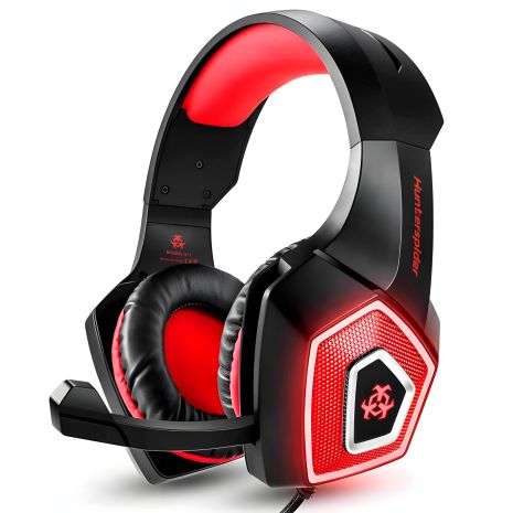 Ігрова дротова гарнітура HUNTERSPIDER V1 Gaming with LED, USB, 3.5mm, 2m, чорна-червона Ігрова дротова гарнітура HUNTERSPIDER V1 Gaming with LED, USB, 3.5mm, 2m, чорна-червона