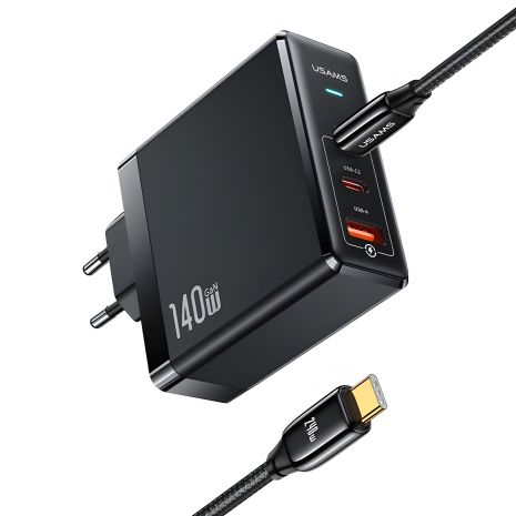 Зарядний пристрій USAMS US-UM Kit GaN Type-C To Type-C Кабель 240W PD3.1 T52 US-CC168, 1USB, 2Type-C, 140W, 5A, PD, QC, чорний