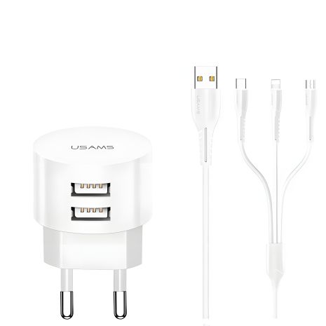 Адаптер USAMS Kit Sing-Tu Dual USB Travel комплект 3IN1 Кабель T20, 2USB, 2.1A, білий