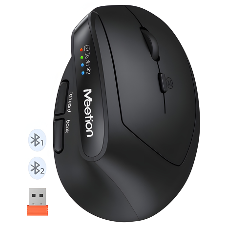 Вертикальная Офисная Мышь MEETION 2.4G+Bluetooth BTM008 |800-1200-1600-2400dpi, 400h, Зарядка Type-C| черная