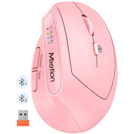 Вертикальная Офисная Мышь MEETION 2.4G+Bluetooth BTM008 |800-1200-1600-2400dpi, 400h, Зарядка Type-C| розовая
