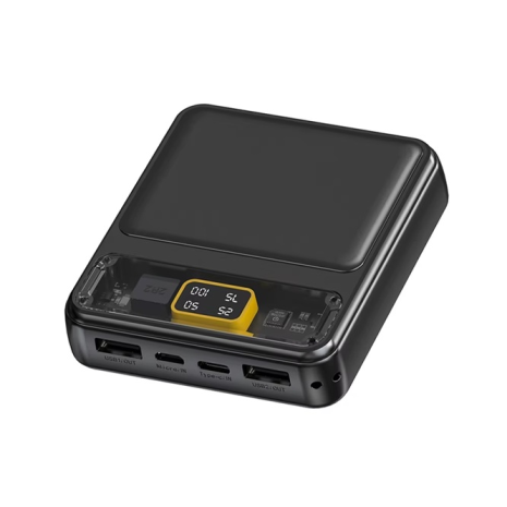Корпус повербанка під АКБ 3x18650, 88x76x24mm, Display, 10W 2xUSB-A, in: Type-C, MicroUSB, black-yellow-transparent