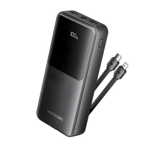 Повербанк Vention 20000mAh, LED дисплей, з вбудованими кабелями Type-C і Lightning, Micro-USB, Type-C, USB-A, USB-A, 22.5W, чорний