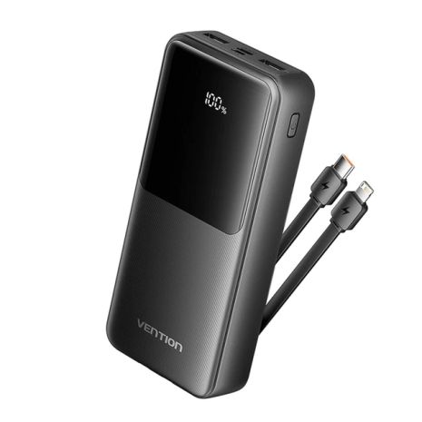 Повербанк Vention 20000mAh Power Bank (Micro-USB + USB-C + USB-A + USB-A) with Built-in USB-C and Lightning Cables 22.5W Black LED Display