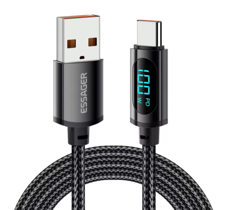 Кабель Essager USB - Type C с дисплеем, 7A, 100W, 2m (200cm) Black