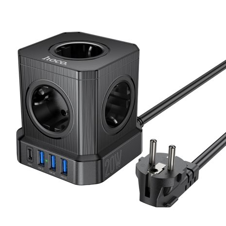 Мережевий зарядний подовжувач Hoco NS8, 3USB, 1Type-C, 5 розеток, 2м, чорний Мережевий зарядний подовжувач Hoco NS8, 3USB, 1Type-C, 5 розеток, 2м, чорний