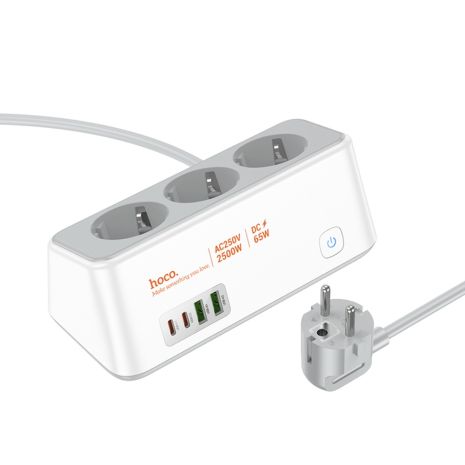 Hoco AC23 Charger Extension, 2 USB, 2 Type-C, PD 65W, 3 Sockets, 2m White Hoco AC23 Charger Extension, 2 USB, 2 Type-C, PD 65W, 3 Sockets, 2m White