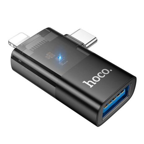 Черный адаптер Lightning/Type-C to USB Hoco UA36E 2в1