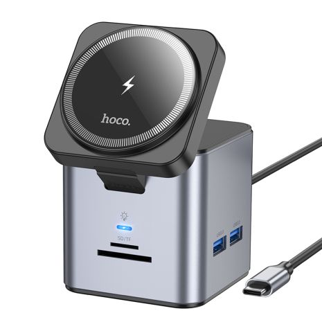 Hoco USB хаб HB49, Type-C до HDTV, PD100W, USB3.0×3, SD, TF, RJ45 (1Gbps), Wireless 15W, Сірий