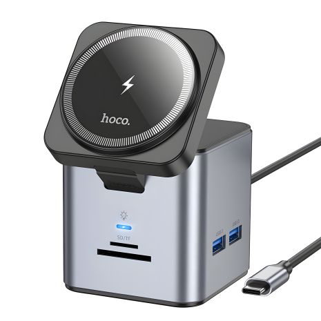 Hoco USB-хаб HB49 Type-C к HDTV+PD100W+USB3.0*3+SD+TF+RJ45 (1Gbps)+беспроводная зарядка 15W серый