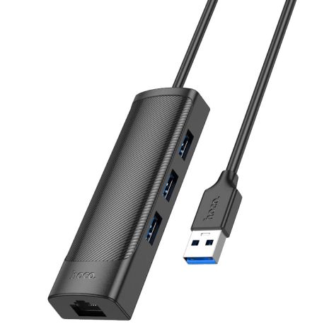 Чотирьохпортовий USB хаб Hoco HB42 (Type-C до USB3.0×3, RJ45 1Gbps) (L=0.2M) Чорний Чотирьохпортовий USB хаб Hoco HB42 (Type-C до USB3.0×3, RJ45 1Gbps) (L=0.2M) Чорний
