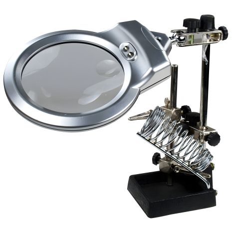 Держатель плат и паяльника MG16129-A с LED-подсветкой и двойной лупой (большая лупа 90 мм, 2x; малая лупа 21 мм, 6x)