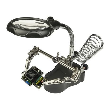 Утримувач плат і паяльника MG16126-A з LED-підсвіткою та подвійною лупою (велика лупа d=65 мм, 3.5x; мала лупа d=17, 12x)