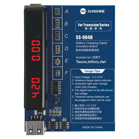 Плата активации и зарядки аккумуляторов Sunshine SS-904B с цифровой индикацией (Tecno/ Itel/ Infinix; кабели Type-C/ USB A/ штеккеры БП)