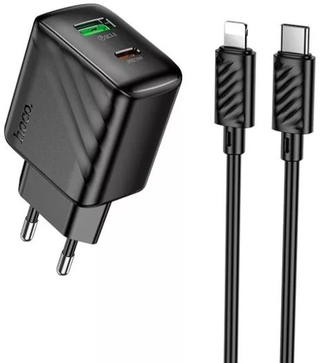 Устройство Зарядное Hoco CS25A Сетевое 1USB-C/1USB PD/QC 20W+Type-C на Lightning Черное