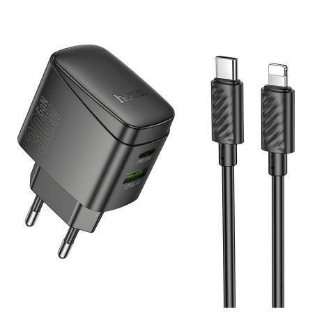 Устройство Зарядное Hoco CS61A Сетевое 1USB/1USB-C PD/QC 30W+Type-C на Lightning Черное
