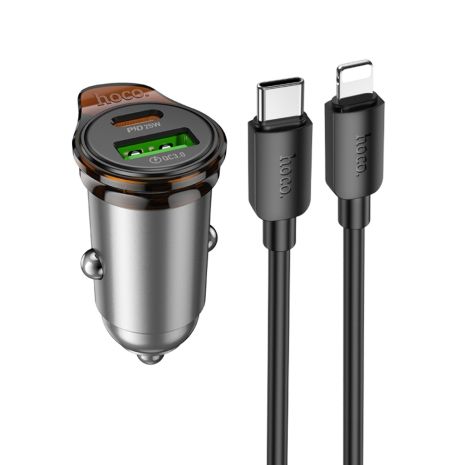 Автомобильное Устройство для Зарядки Hoco NZ16A USB/ Type-C 43W PD QC 25W метал серый + кабель Type-C to Lightning