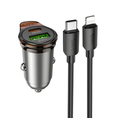 Автомобильное Устройство для Зарядки Hoco NZ16A USB/ Type-C 43W PD QC 25W метал серый + кабель Type-C to Lightning