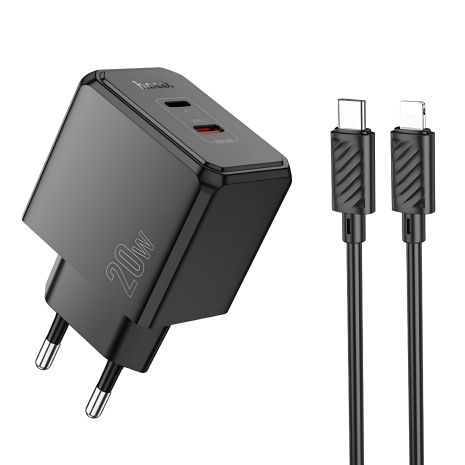 Зарядное устройство сетевое Hoco CS16A 1USB-C/1IP PD/QC 20W плюс кабель Type-C to Lightning черное Зарядное устройство сетевое Hoco CS16A 1USB-C/1IP PD/QC 20W плюс кабель Type-C to Lightning черное