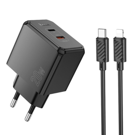 Сетевое Зарядное Устройство Hoco CS16A 1USB-C/1IP PD/QC 20W+Type-C to Lightning Черный