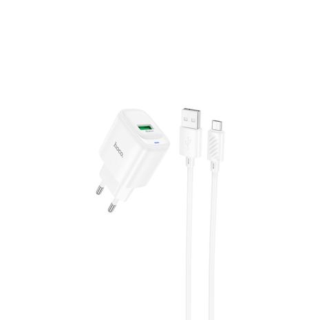 Мережевий зарядний пристрій Hoco C140A, 1USB, QC 18W, кабель USB to MicroUSB, Білий - швидкісний