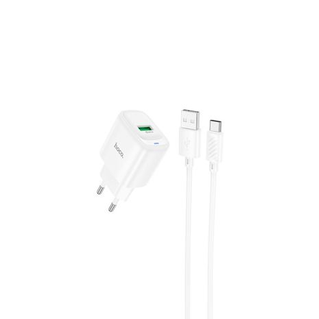 Мережевий зарядний пристрій Hoco C140A, 1USB, QC 18W, кабель USB to Type-C, Білий