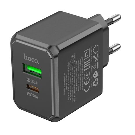 Зарядний пристрій мережевий Hoco CS14A, USB, Type-C, QC, PD 20W, чорний
