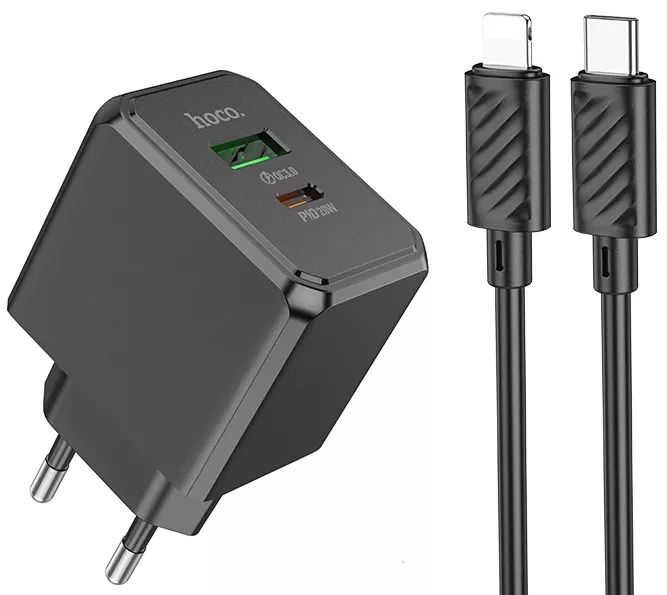 Hoco CS14A 1USB-C/1USB PD/QC 20W+Type-C to Lightning Черное Зарядное Устройство Hoco CS14A 1USB-C/1USB PD/QC 20W+Type-C to Lightning Черное Зарядное Устройство