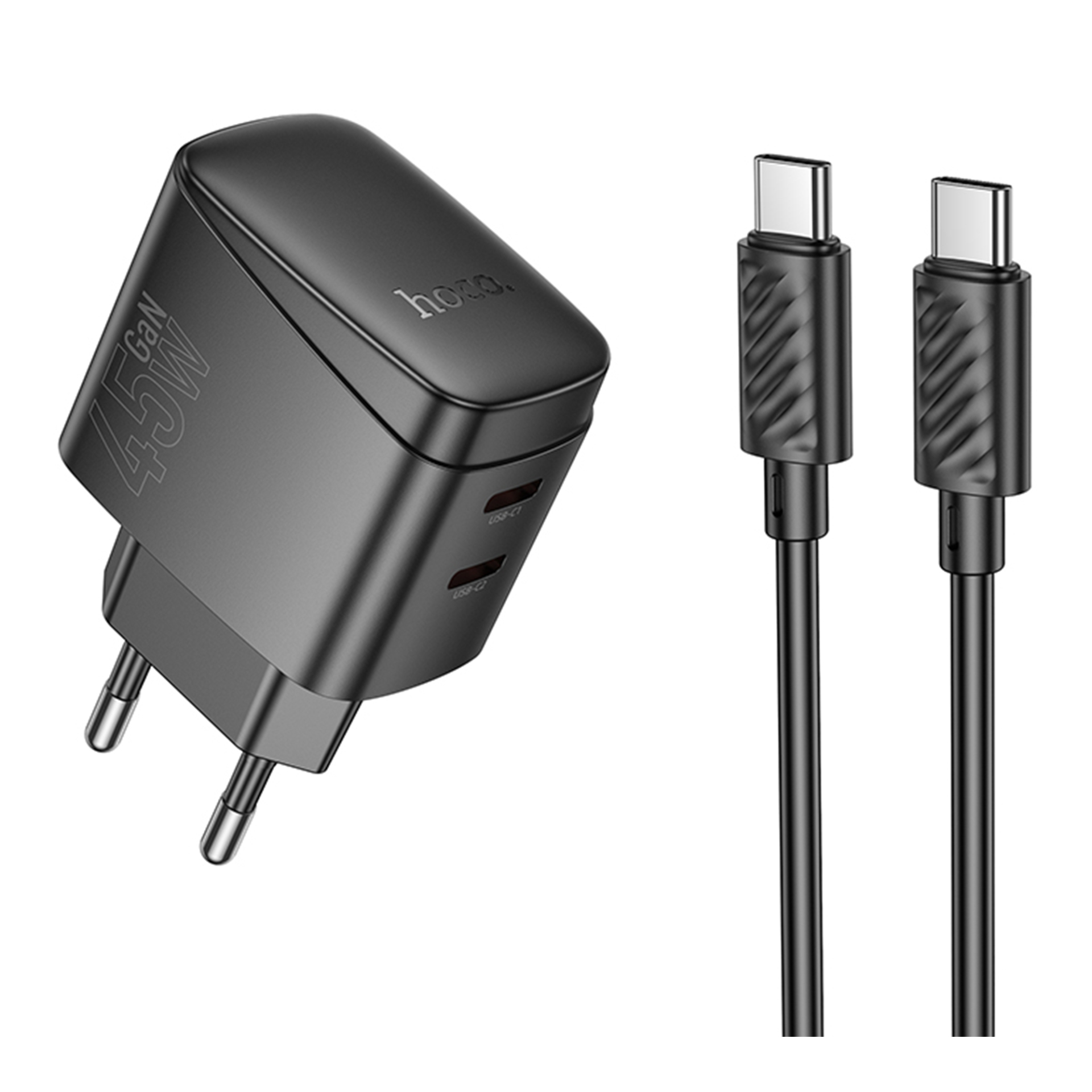 Сетевое Зарядное Устройство Hoco CS62A 2USB-C PD/QC 45W GAN+Type-C to Type-C Черный Сетевое Зарядное Устройство Hoco CS62A 2USB-C PD/QC 45W GAN+Type-C to Type-C Черный
